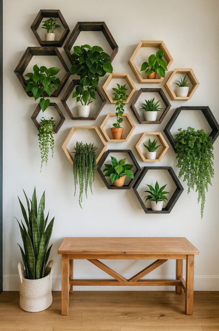 Hexagon wall shelves with potted plants and trailing greenery above a wooden bench; snake plant in a basket on a white wall.