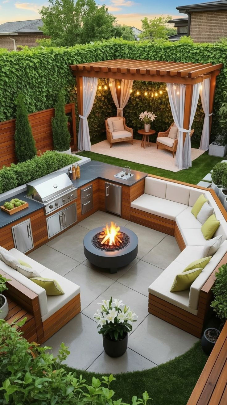 Stylish backyard patio with pergola, fire pit, outdoor kitchen, and cushioned lounge seating surrounded by lush greenery.