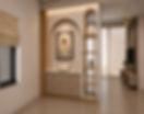 Modern beige living room with wood shrine alcove, Jesus portrait, open book, shelves, and soft natural light.