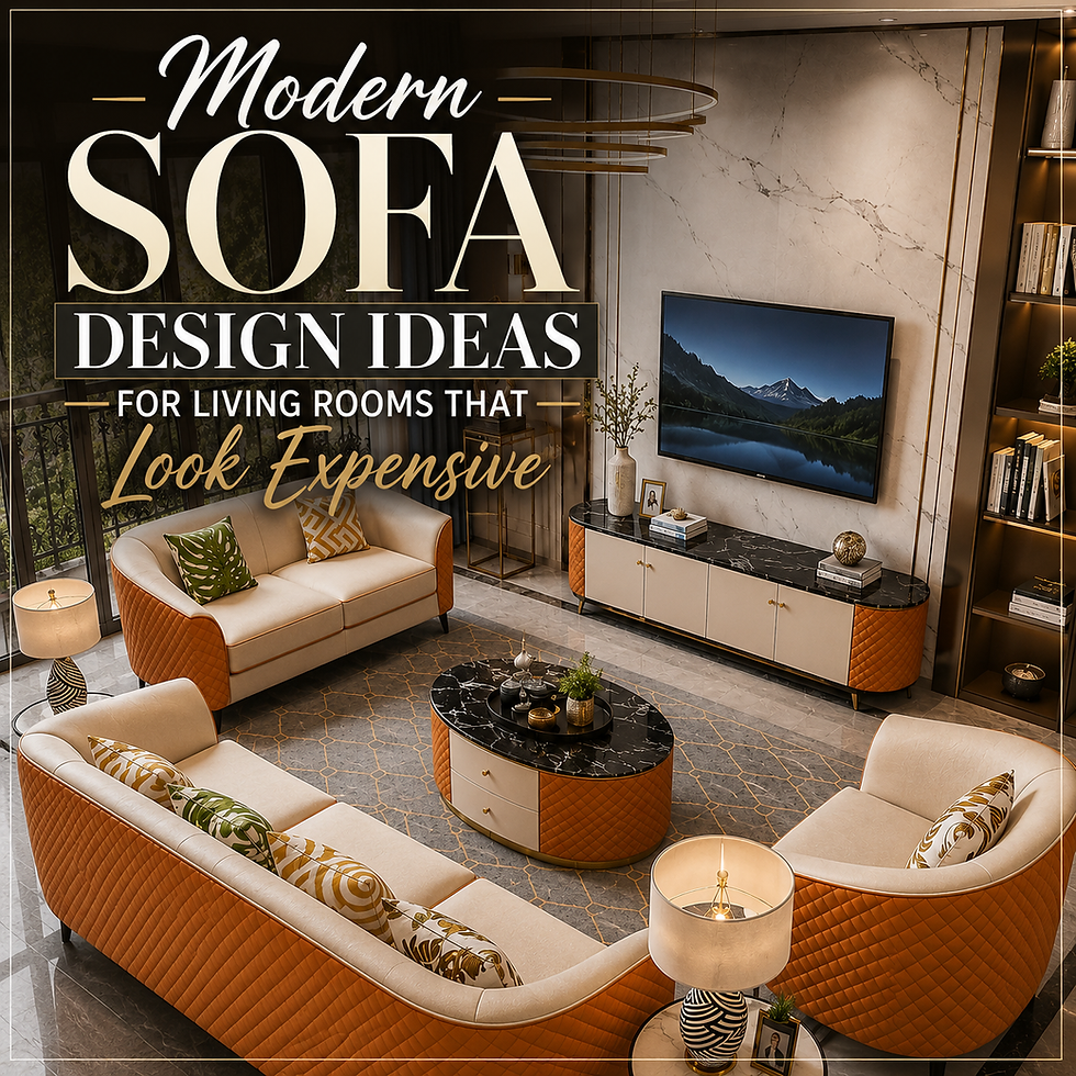 Modern sofa design ideas poster showing a luxe living room with cream-and-orange sofas, TV, marble wall, and text Look Expensive