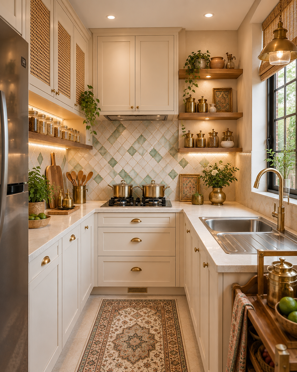 Warm cream-and-brass galley kitchen with patterned tile, open shelves, potted plants, copper pots, sink by window, and runner rug