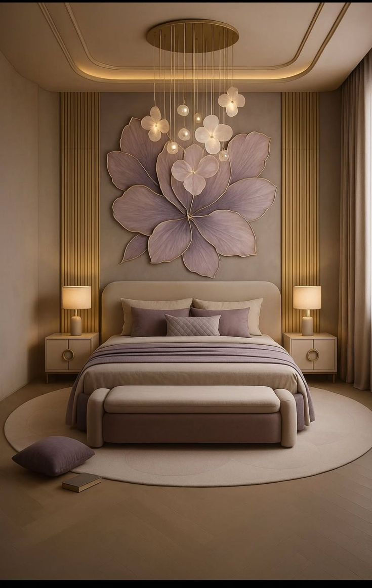 Elegant lilac-and-beige bedroom with a large flower wall sculpture, upholstered bed, glowing lamps, and a calm, cozy mood.