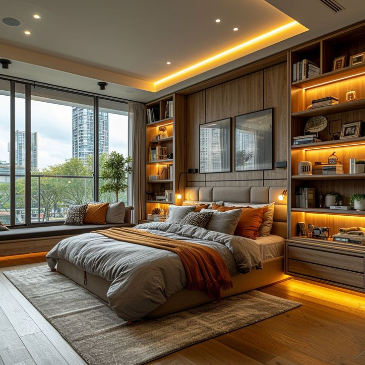 Modern cozy bedroom with king bed, warm amber shelf lighting, large city-view windows, and wood accents.