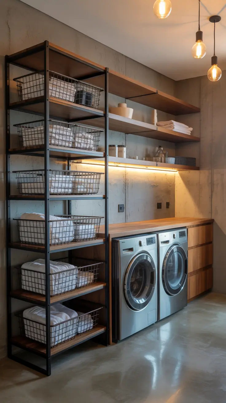 Modern laundry room with stacked wire baskets, folded linens, and side-by-side washer and dryer under warm pendant lights.