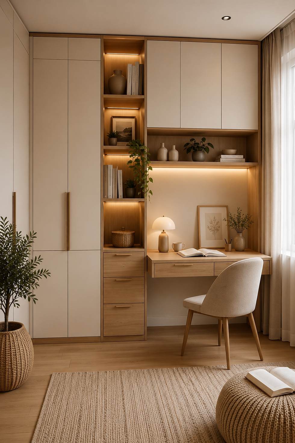 Warm beige home office with built-in shelves, glowing desk lamp, chair, plants, books, and woven rug by a bright window.
