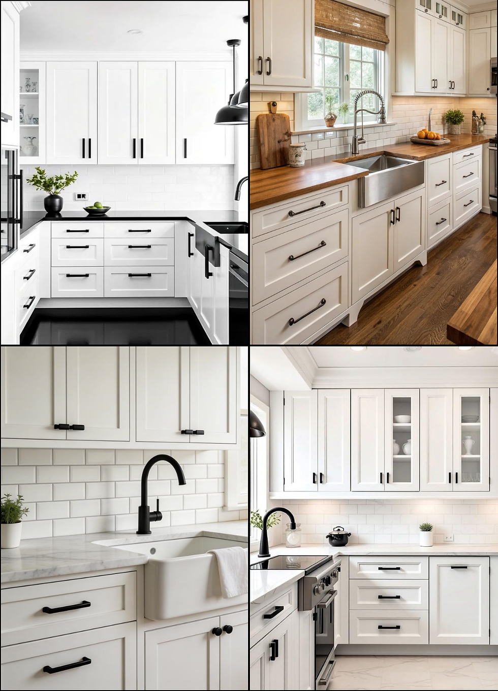 Collage of four bright modern white kitchens with black hardware, wood or marble counters, sinks, and clean minimalist style