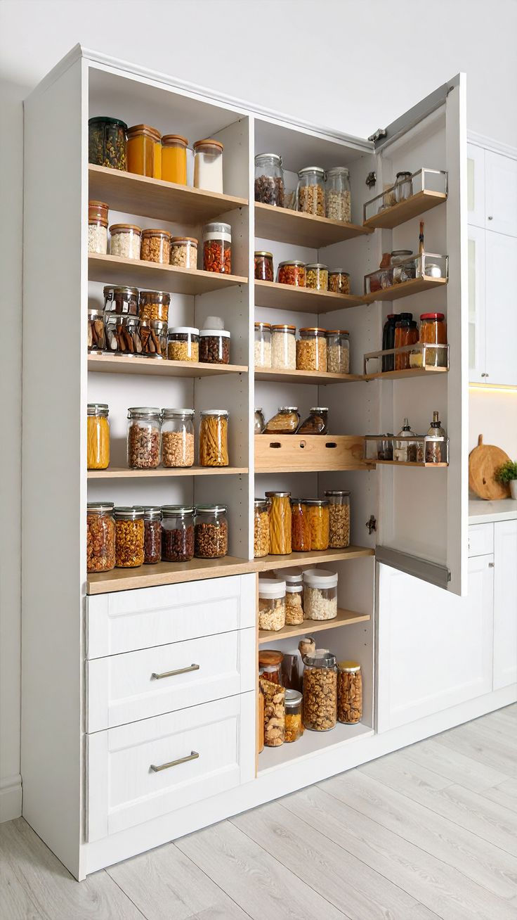 Open white pantry filled with neatly arranged glass jars of dry goods and spices in a bright, tidy kitchen.