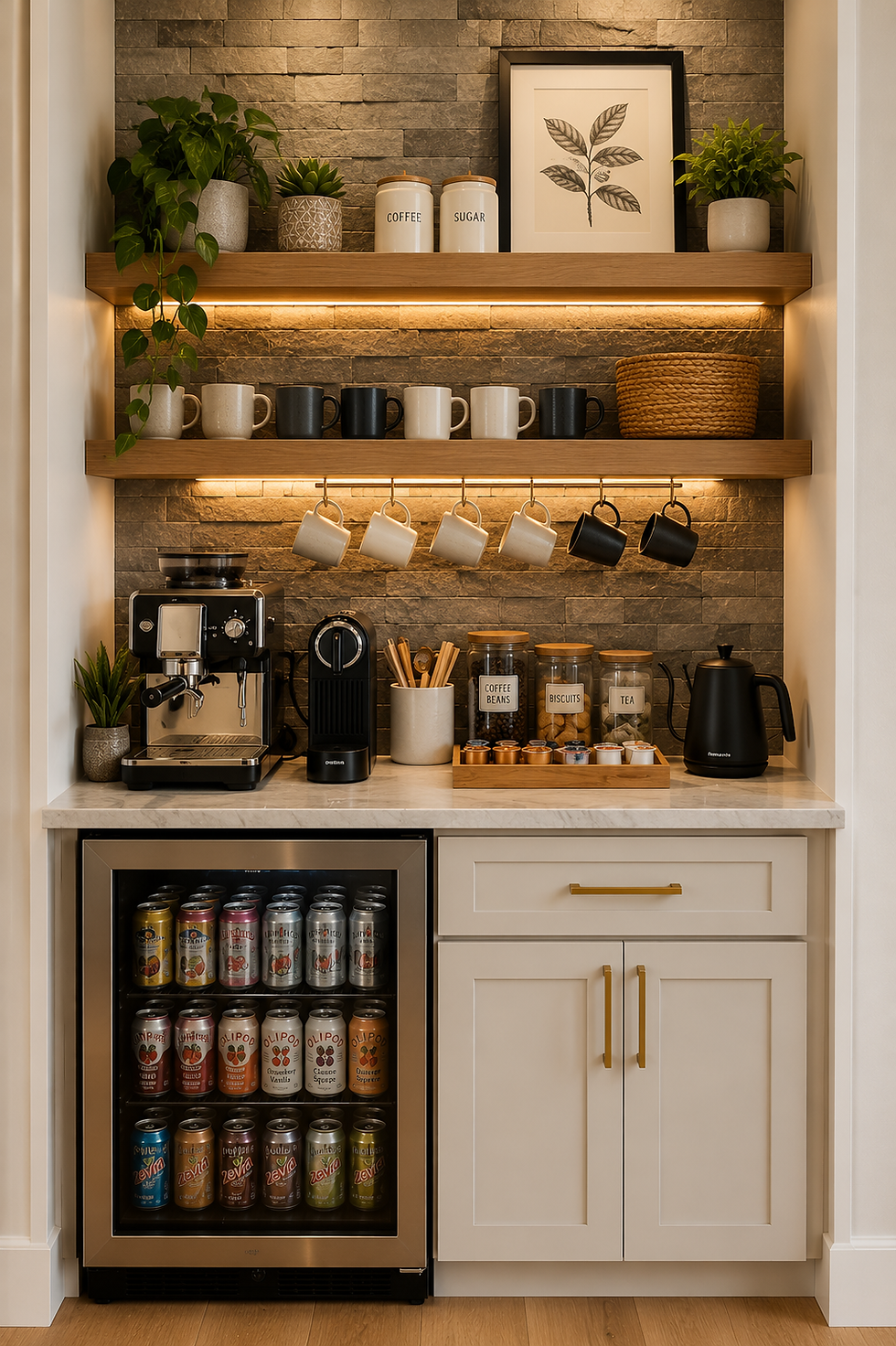 Cozy coffee bar nook with lit shelves, plants, mugs, coffee machine, labeled jars, and a mini fridge stocked with drinks.