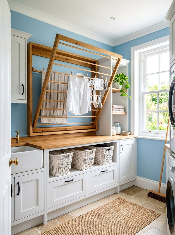 Bright laundry room with wooden drying rack holding shirts and baby clothes, woven baskets labeled Whites, Colours, Darks.