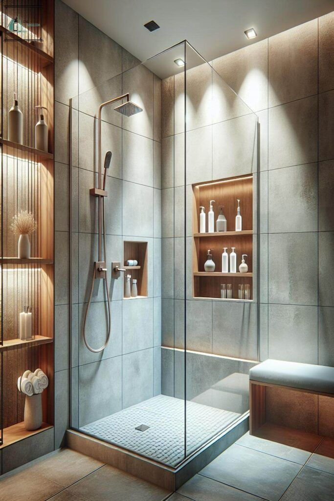 Modern walk-in shower with glass walls, gray tile, wood shelves, and neatly arranged bottles in a calm spa-like bathroom