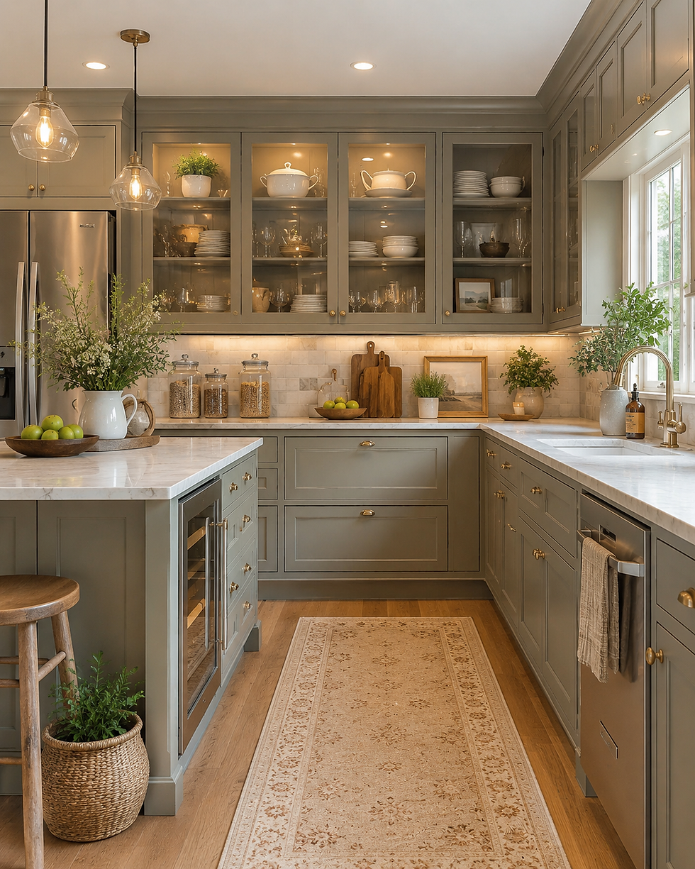 Elegant sage-green kitchen with glass cabinets, marble counters, plants, pendant lights, and a beige runner rug.