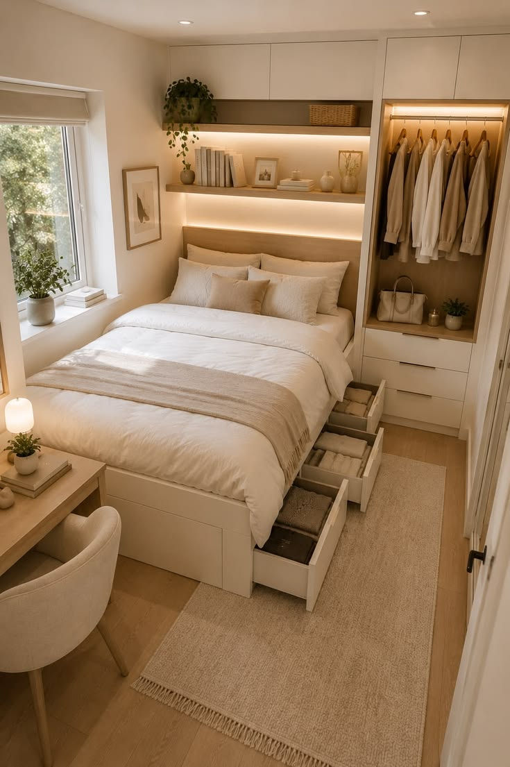 Cozy beige bedroom with a made bed, lit closet of hanging clothes, open drawer organizers, desk by window, and warm ambient lighting.
