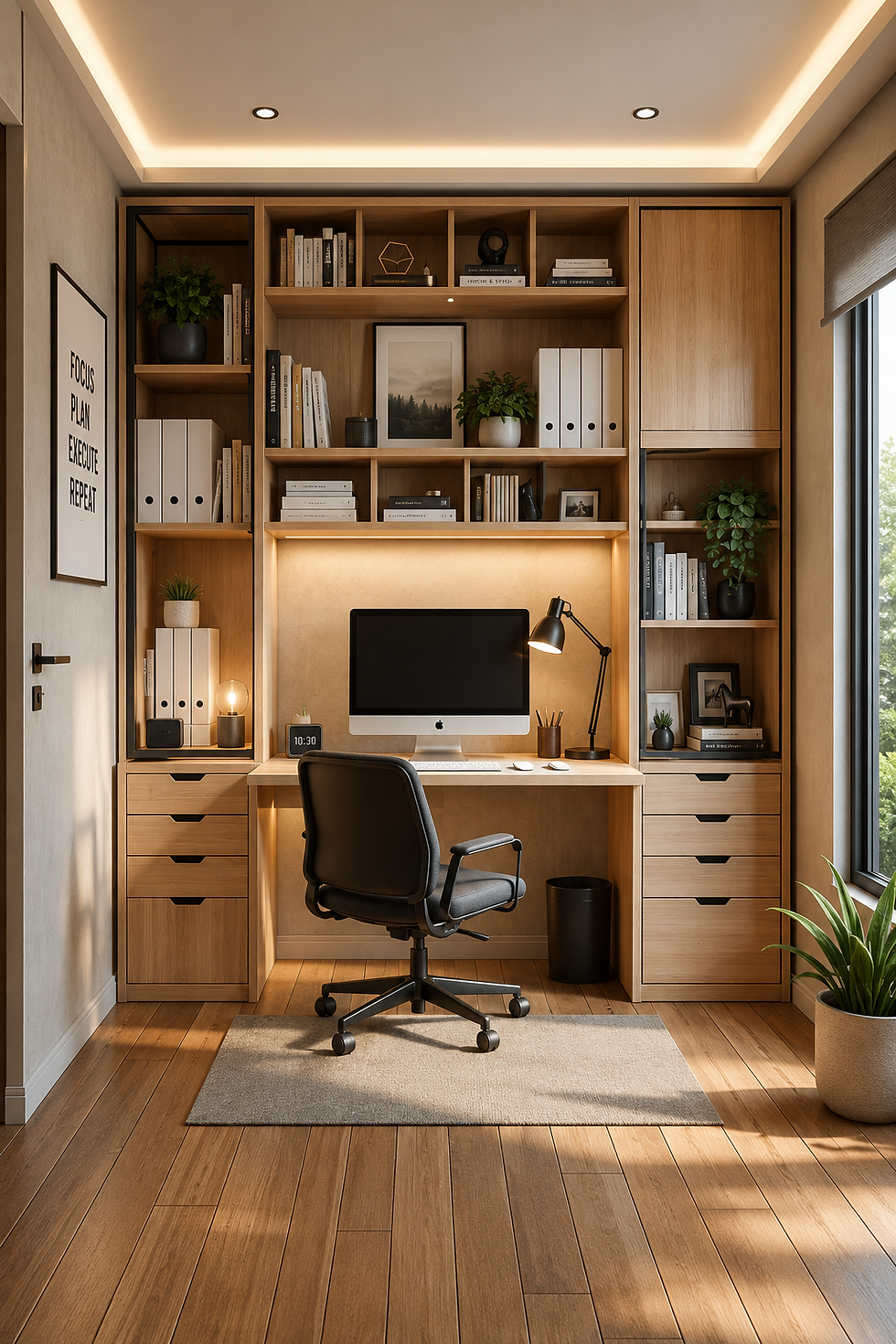 Cozy modern home office with wood shelves, black chair, iMac, lamp, plants, and poster reading FOCUS PLAN EXECUTE REPEAT