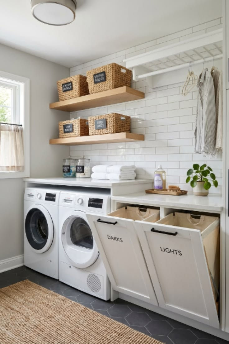 Bright laundry room with washer and dryer, wicker baskets on shelves, folded towels, and bins labeled DARKS and LIGHTS.