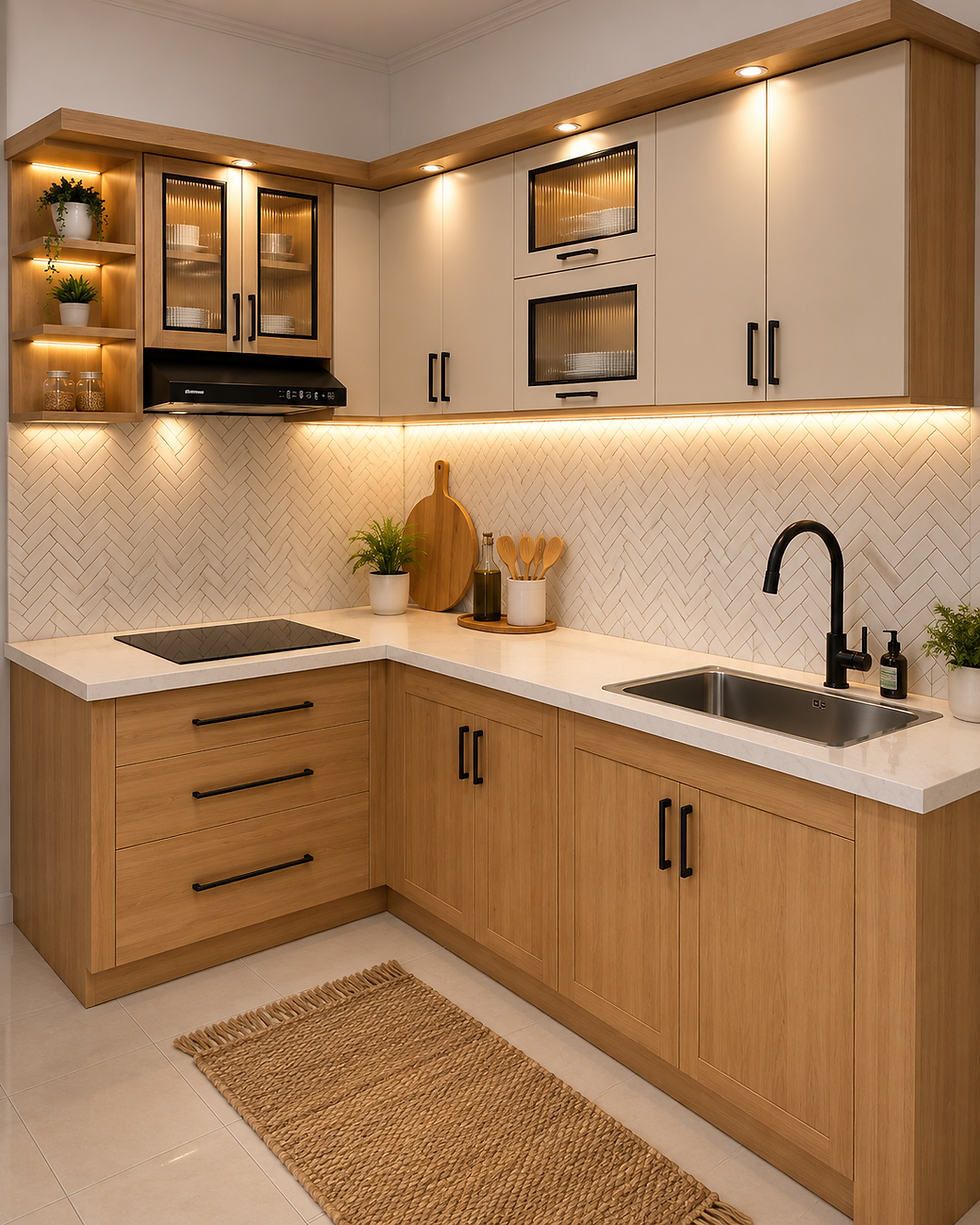 Modern L-shaped kitchen with warm wood cabinets, white herringbone tile backsplash, black faucet, and woven rug under soft lighting