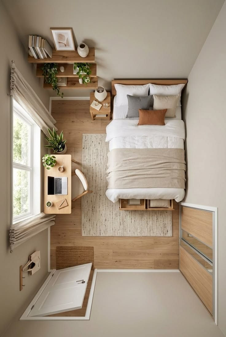Top-down view of a cozy minimalist bedroom with a bed, desk, wall shelves, plants, and soft neutral decor by a bright window.