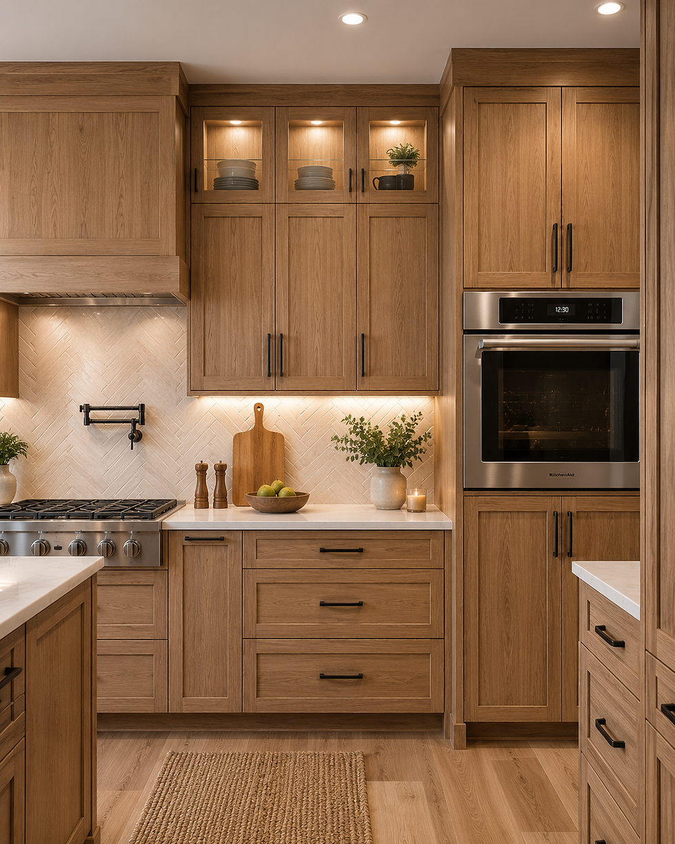 Warm wood kitchen with stainless oven, herringbone tile, fruit bowl, plants, and lit cabinets; KitchenAid displays 12:30.