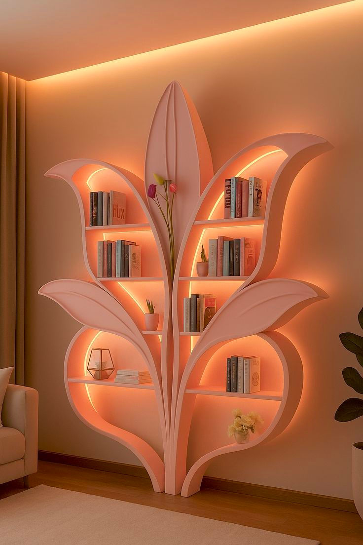 Warm-lit flower-shaped bookshelf in a cozy living room, filled with books, small plants, and decor on glowing shelves.