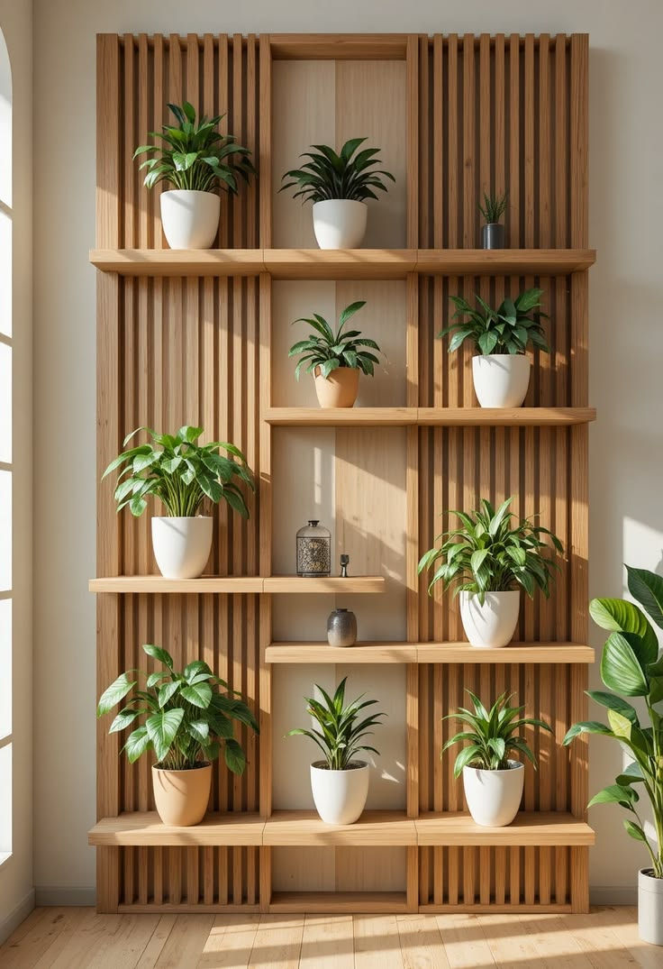 Sunlit wooden shelf filled with potted green houseplants in white and terracotta pots, creating a calm indoor display