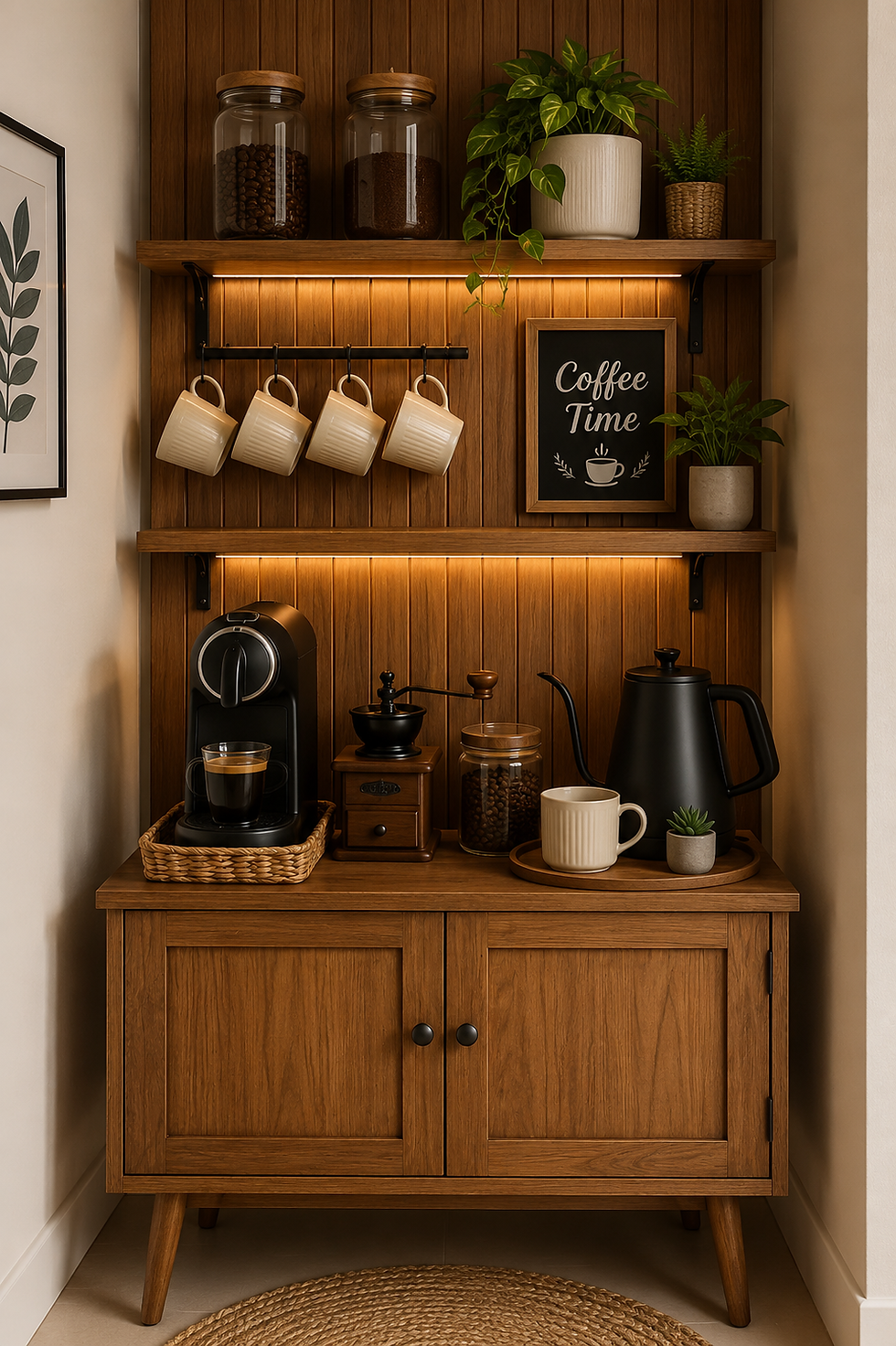 Warm wooden coffee station with mugs, jars, plants, espresso machine, kettle, and a Coffee Time sign under soft lighting.