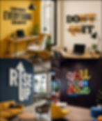 Collage of modern offices with motivational wall words: I CAN ACHIEVE EVERYTHING, DON’T QUIT, RISE UP, and you can do it.