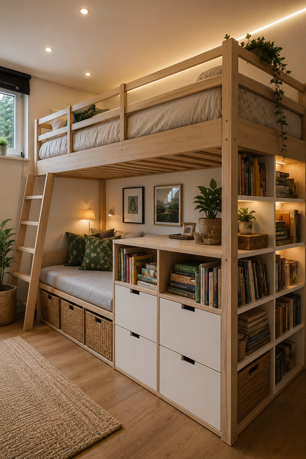 Cozy loft bedroom with wooden bunk bed, ladder, bookshelves, plants, and warm lighting in a tidy minimalist room.