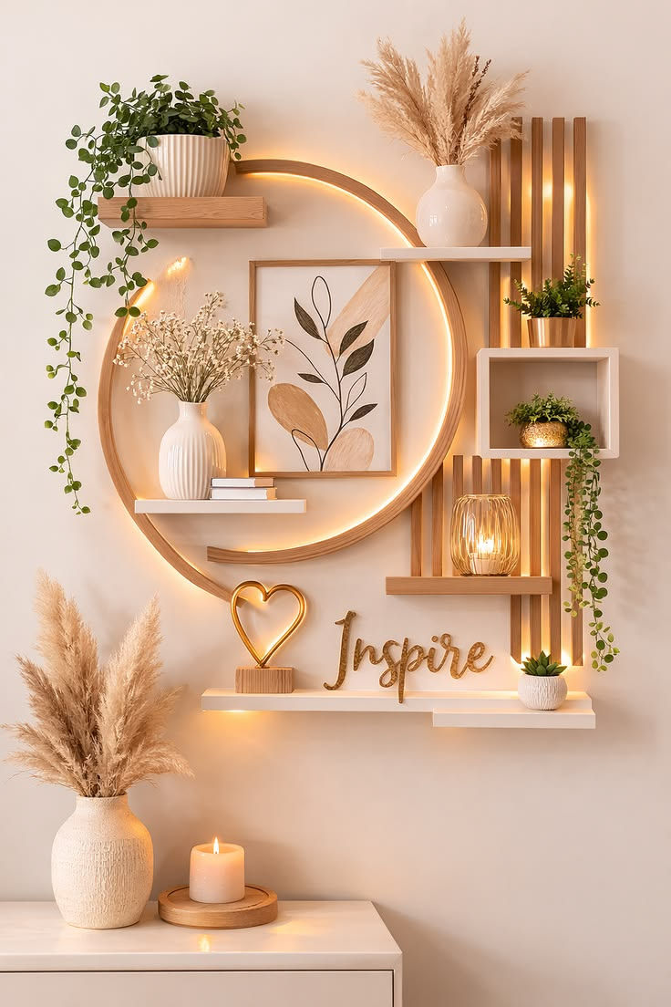 Stylish wall decor with plants, vases, candles and warm lights; framed art and gold heart sign with Inspire text in a cozy room