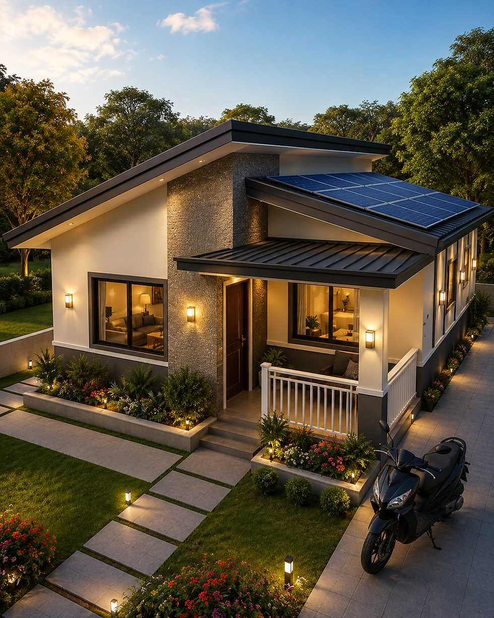 Modern house with rooftop solar panels, warm porch lights, landscaped garden, and a black scooter at dusk.