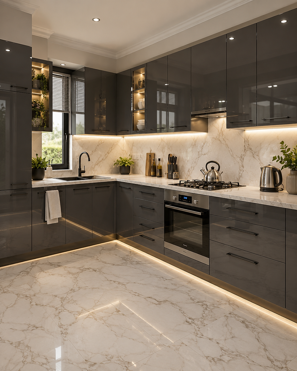 Modern gray kitchen with glossy cabinets, marble backsplash and floor, under-cabinet lighting, plants, kettle, and a window with blinds
