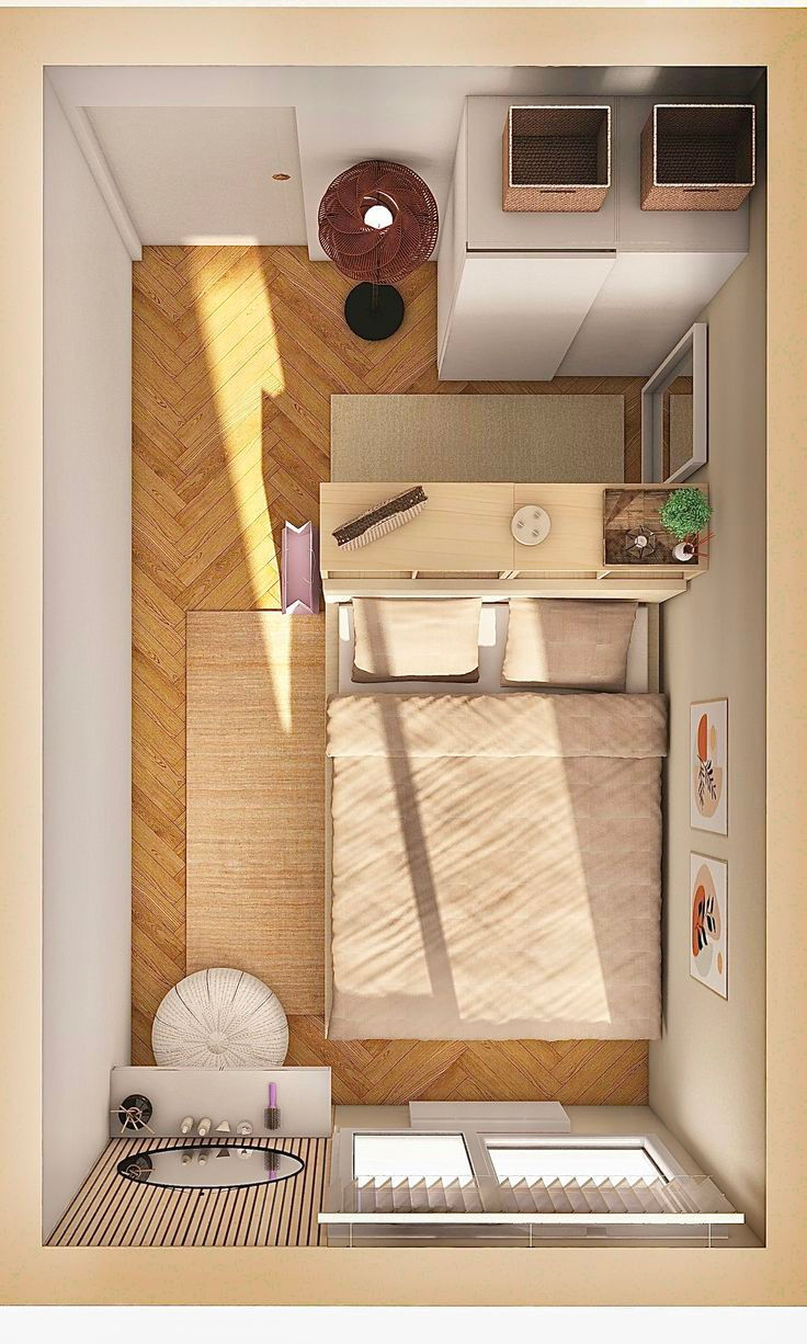 Top-down view of a cozy beige bedroom with a bed, rug, wooden floor, sunlight, wall art, and storage shelves.