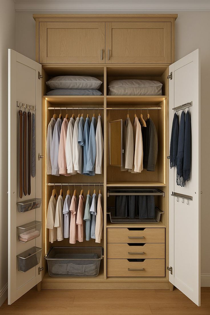 Open wooden wardrobe with neatly hung shirts, ties and scarves, folded pillows, baskets, and drawers in a tidy beige closet.