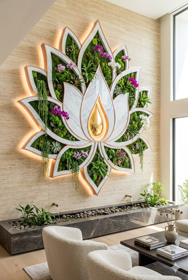 Elegant living room with lotus-shaped wall planter, glowing LED edges, orchids, and a small fountain beside cream chairs.