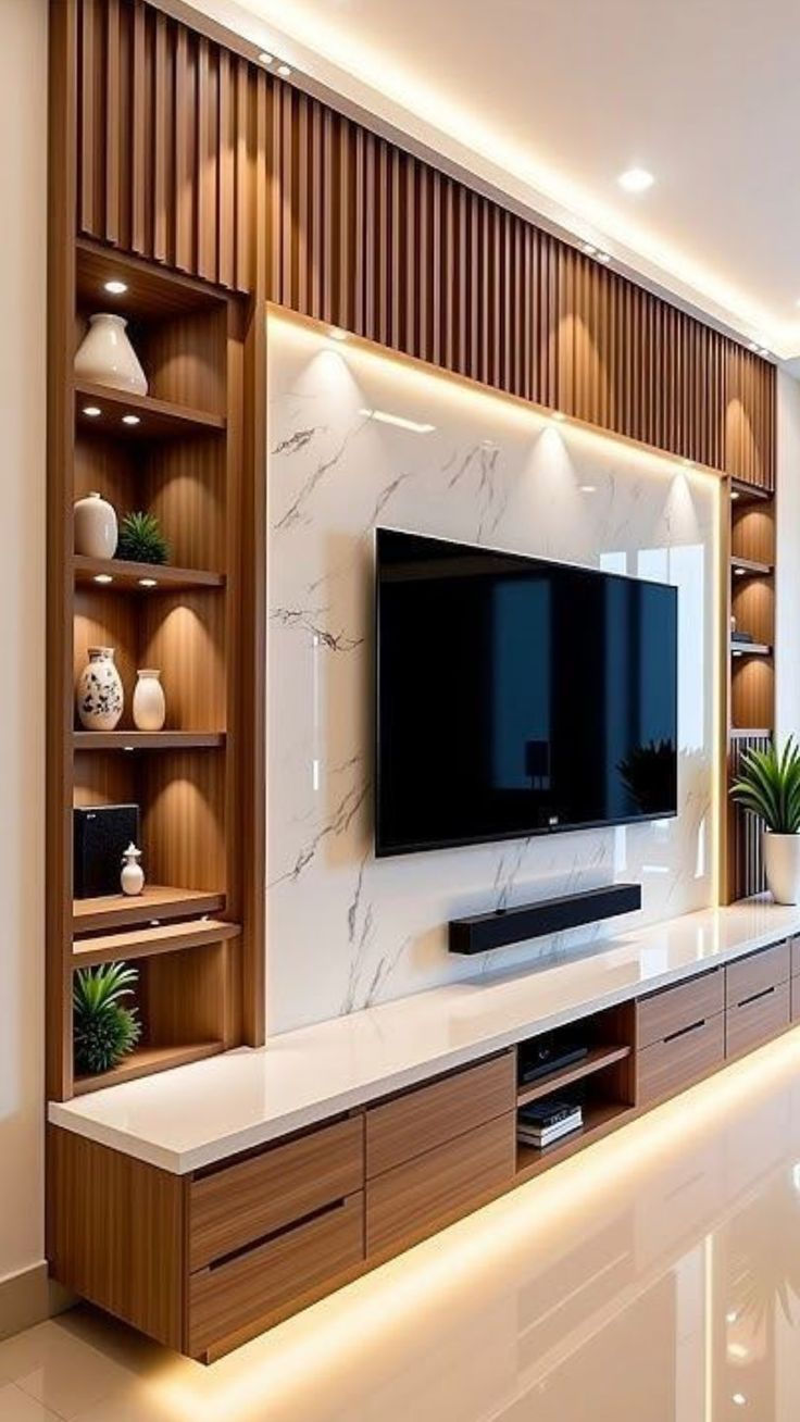 Modern living room wall unit with flat-screen TV, wood shelves, marble panel, decor, and warm recessed lighting.