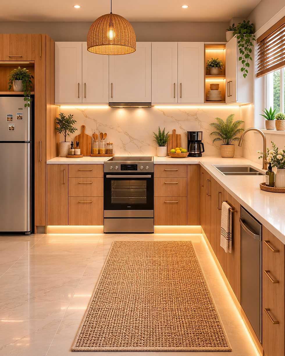 Warm modern kitchen with wood-and-white cabinets, wicker pendant light, plants, stove, island, and woven rug.