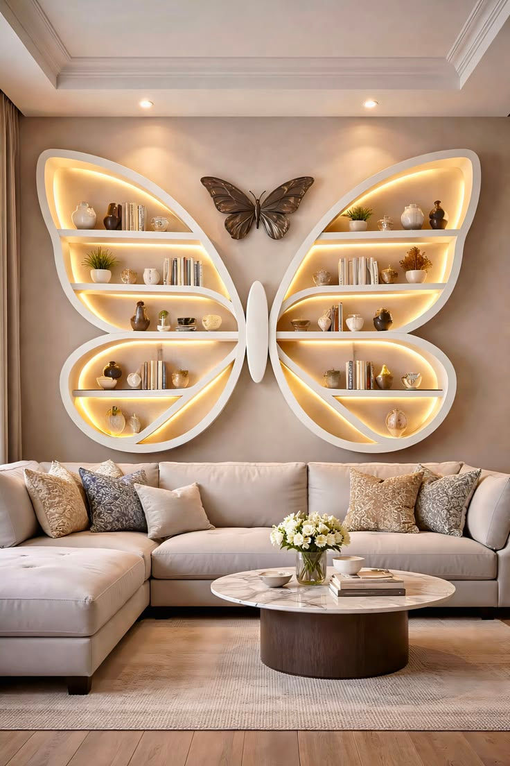 Cozy living room with butterfly-shaped glowing wall shelves above a beige sectional, floral coffee table, and decor.