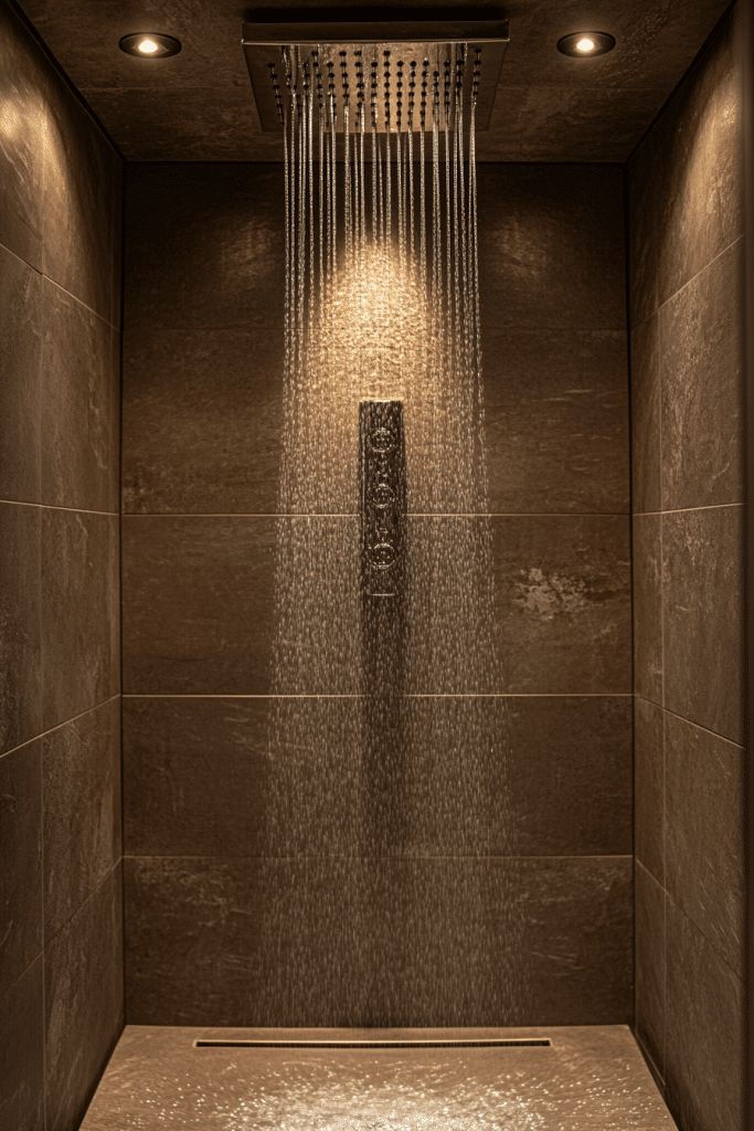 Warm-lit brown tiled shower stall with a rainfall showerhead streaming water, creating a calm, spa-like mood.