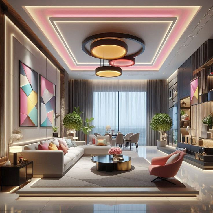 Stylish modern living room with LED ceiling lights, colorful art, white sectional, pink chair, and dining area by sheer curtains.