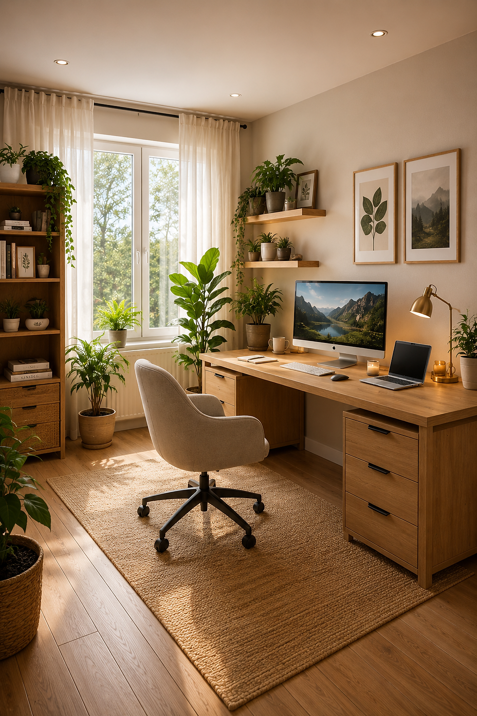 Sunlit home office with wooden desk, cream chair, laptop and monitor, lots of green plants, and framed art.