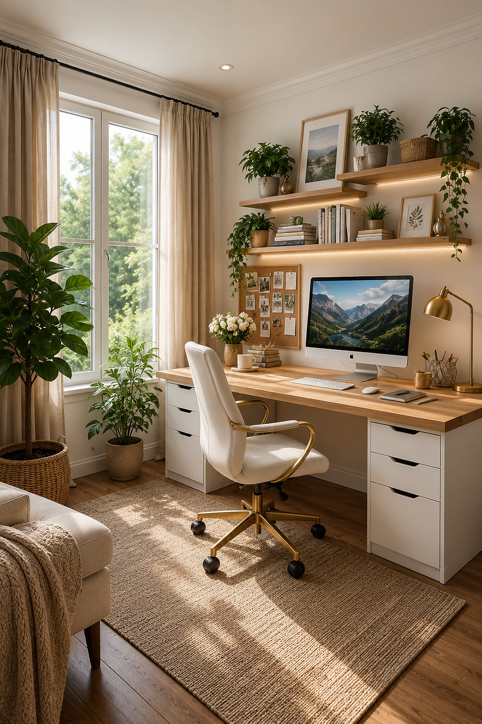 Sunlit home office with white desk, gold chair, plants, shelves, and iMac showing mountains; cozy beige decor.