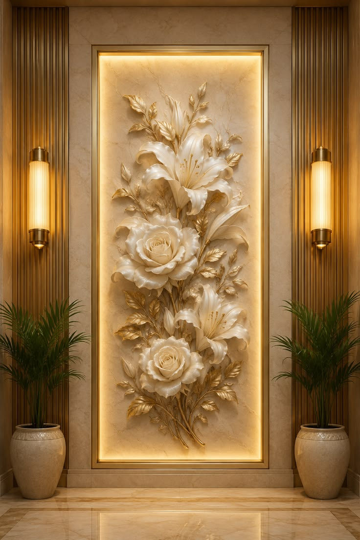 Illuminated white-and-gold floral wall relief in a luxury hallway, flanked by wall sconces and potted palms.