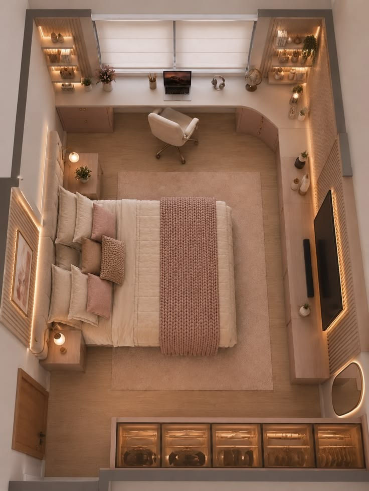 Top-down view of a cozy beige bedroom-office with a bed, desk, chair, warm lights, shelves, and a wall-mounted TV.