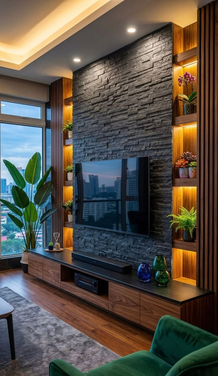 Modern living room with stone TV wall, warm lit shelves, large window city view, plants, and green chair in a calm, stylish setting