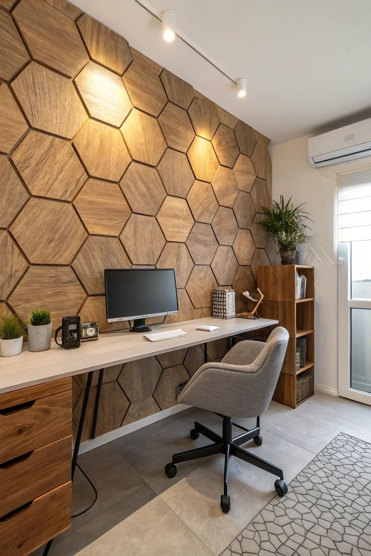 Modern home office with hexagonal wood wall, desk, monitor, gray swivel chair, plants, and a window AC unit.