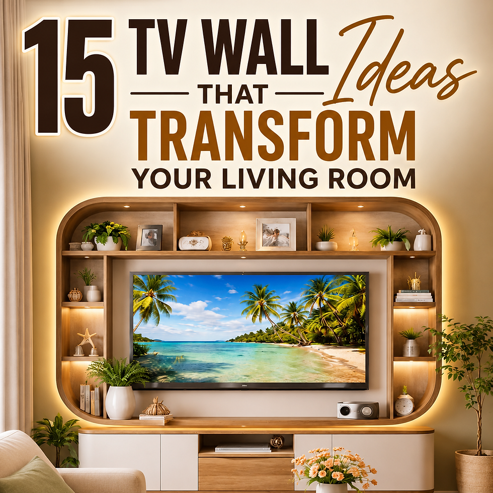 Living room with large TV wall makeover graphic reading 15 TV Wall Ideas That Transform Your Living Room, tropical TV display.