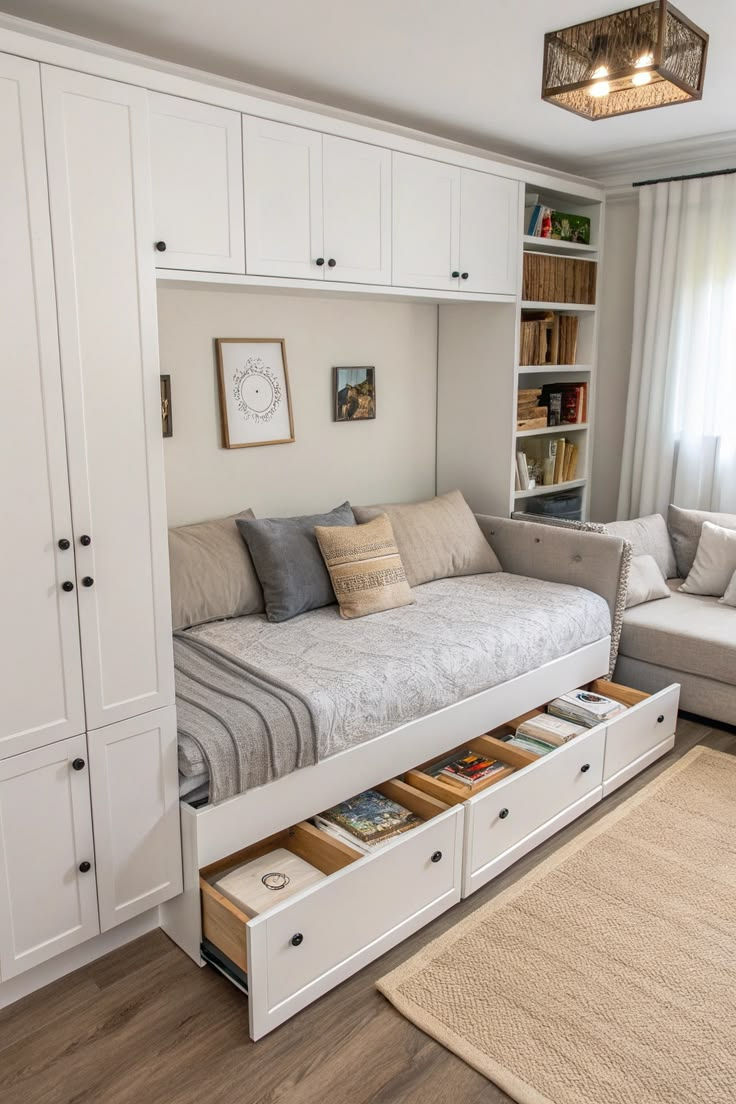 Bright built-in daybed with drawers, white cabinets, and shelves in a cozy neutral bedroom nook.