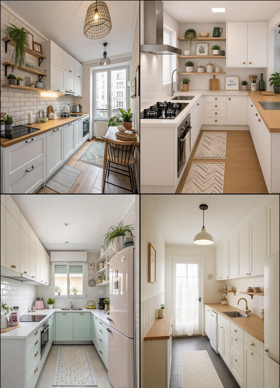 Bright modern kitchen collage with white cabinets, wood counters, plants, and pendant lights in four tidy kitchens