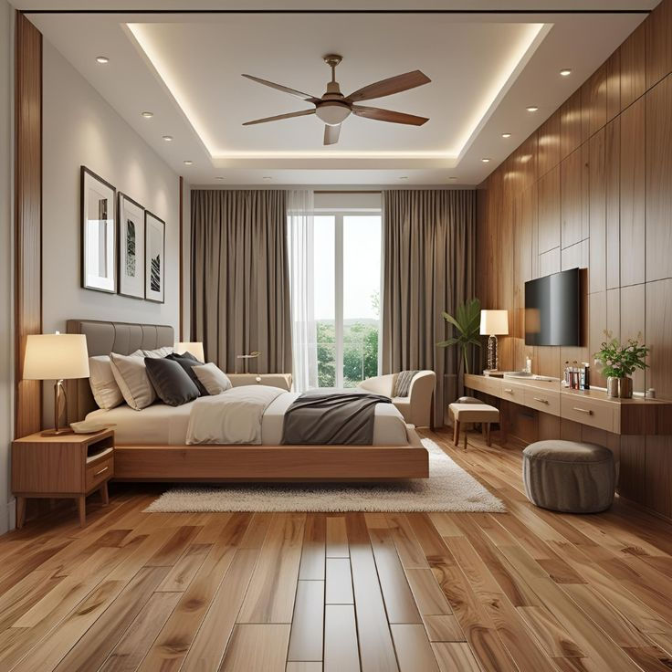 Modern wood-paneled bedroom with a neatly made bed, ceiling fan, TV, desk, and soft curtains by a bright window.