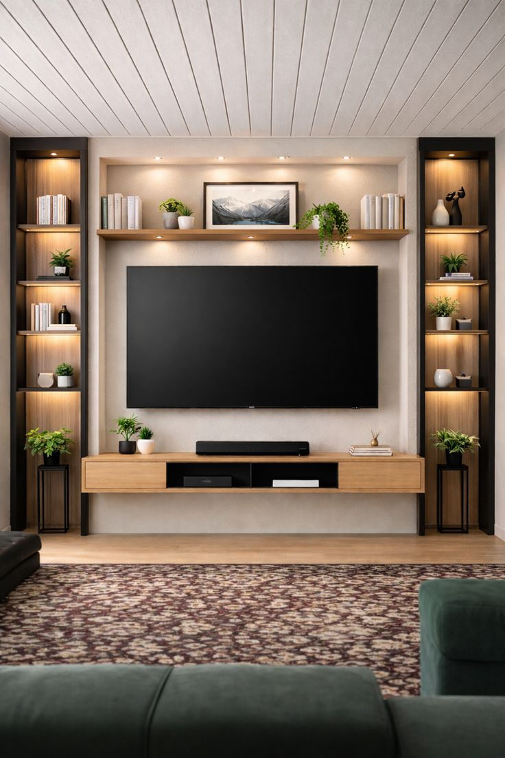 Modern living room with a wall-mounted TV, built-in shelves, plants, books, a framed landscape, and a patterned rug.