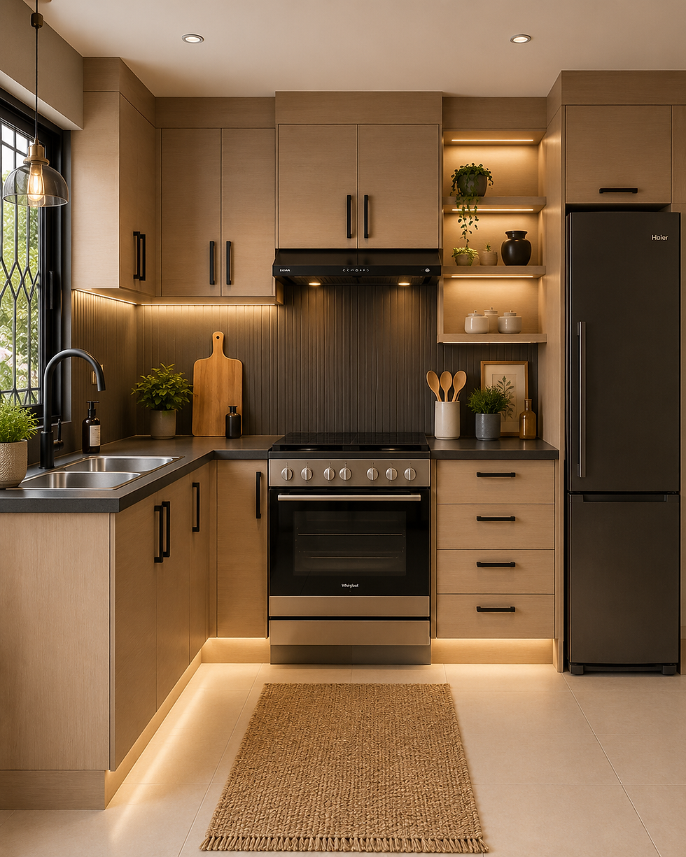 Warm modern kitchen with wood cabinets, black appliances, woven rug, plants, and warm under-cabinet lighting; Hoier and Whirlpool text