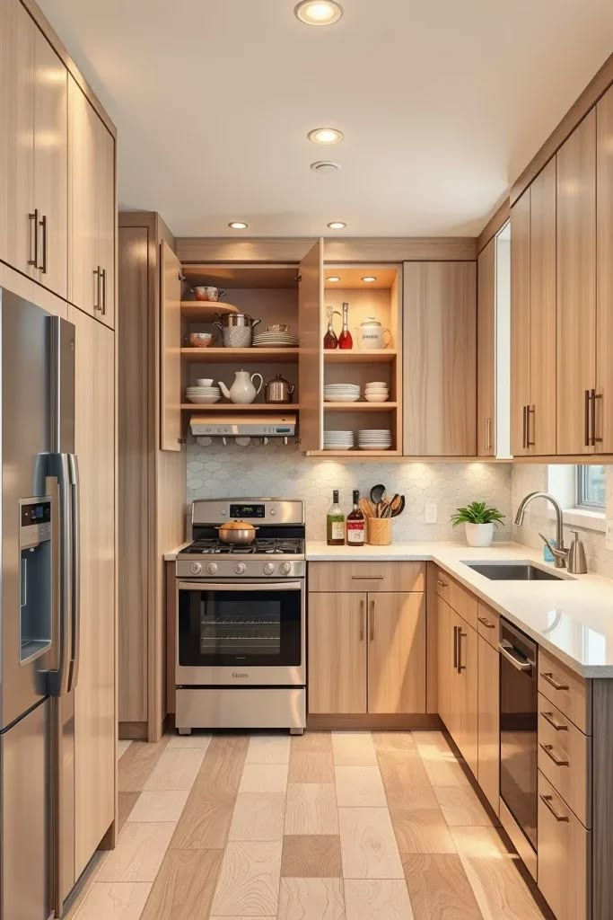Bright modern kitchen with wood cabinets, stainless-steel stove and fridge, open shelves, sink, and warm sunlight.